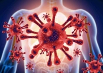 Red contagious virus in a human body.